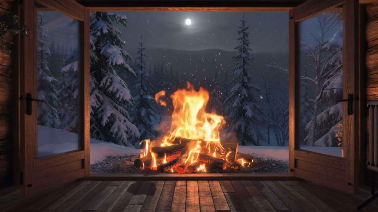 4 HOUR | Cozy Cabin Fireplace with Falling Snow Outside | 4K Crackling Fire for Sleep & Relaxation