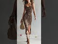 Vintage Leopard Mesh Ruffle Spaghetti Strap Cowl Neck Side Ruched High Slit Midi Dress #fashion