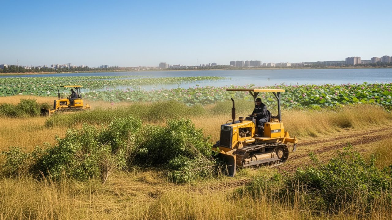 Two Bulldozers Clearing Tall Grass Near the City | Powerful Machines Transform Overgrown Fields