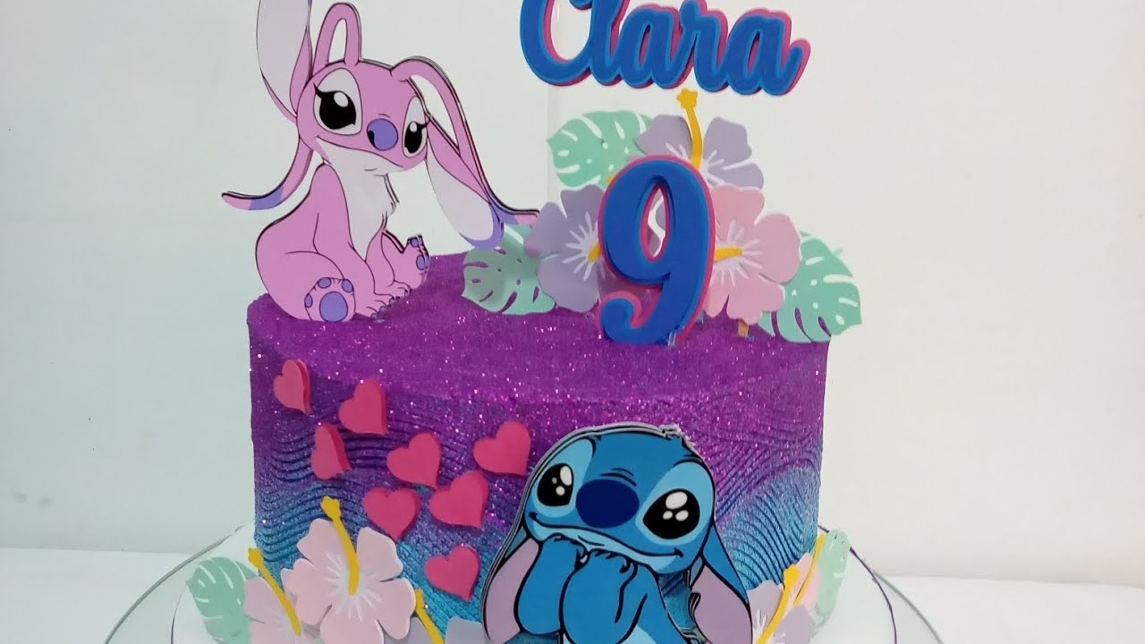 Bolo Stitch e Angel/ decoração em chantininho com glitter Roxo 💜