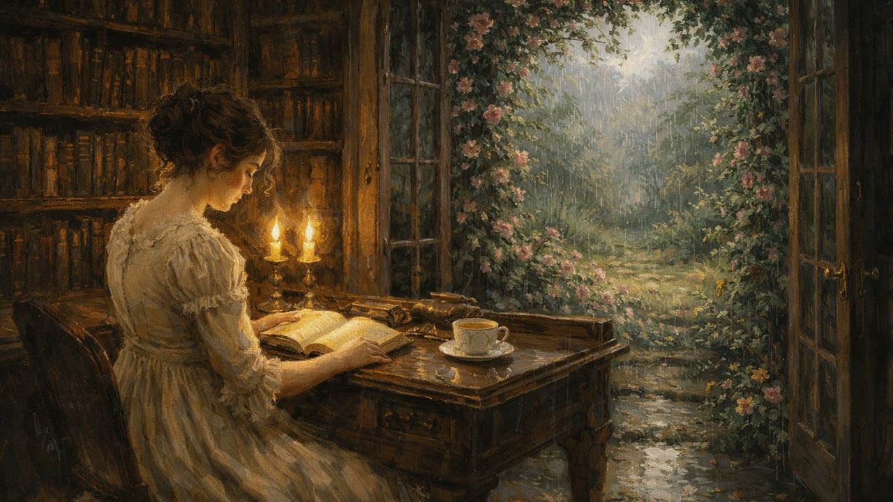 Jane Austen Inspired Study Session | Rainy Garden & Cozy Library Ambience 📚 Regency Classical Music