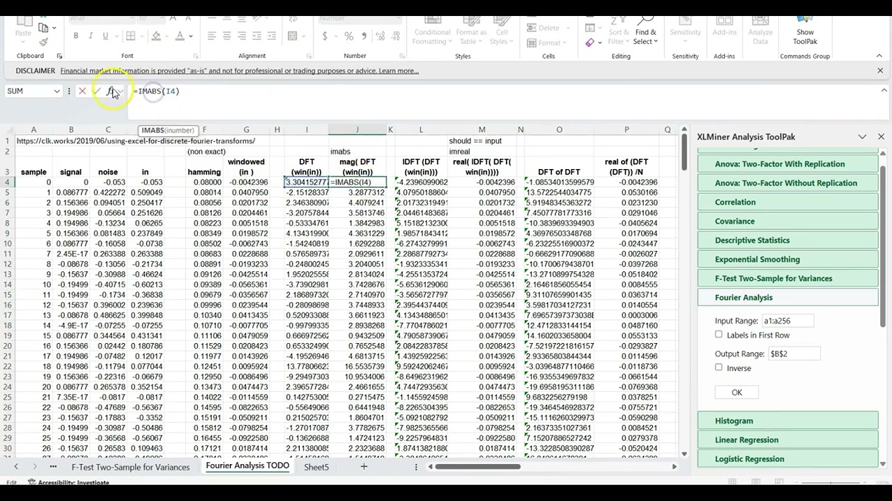 Fourier Transform Analysis Attempt using Excel XlMiner ToolPak