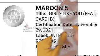 US Certifications (@RIAA): @maroon5 Feat. @iamcardib, Girls Like You Diamond (10,000,000).