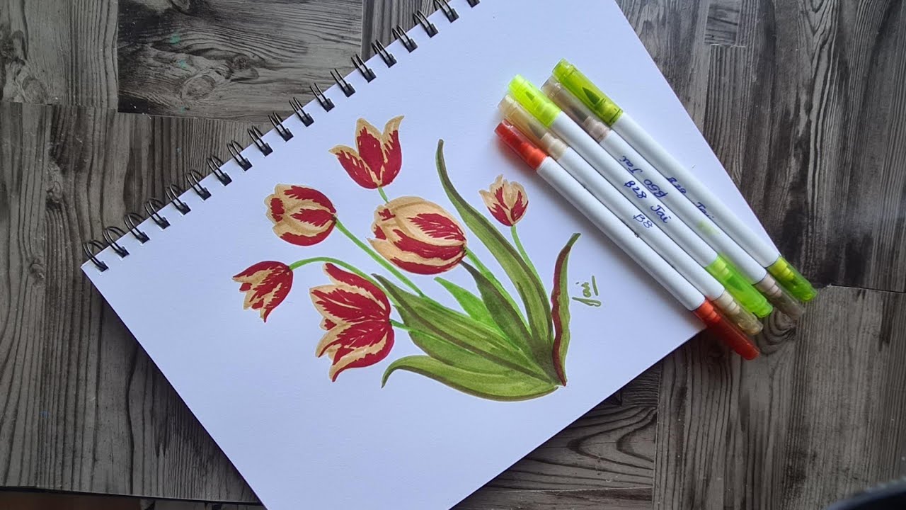 Daffodils flowers brush pen easy flower drawing art lesson for kids and