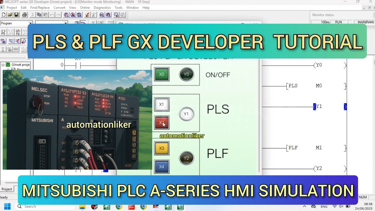GX Developer : PLS (Rising Edge Coil) and PLF (Falling edge Coil) Mitsubishi PLC HMI Simulation