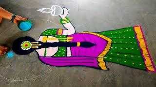 Diwali 2023 traditional girl kolam|Deepavali women rangoli|half saree girl rangoli|Amazingrangoli