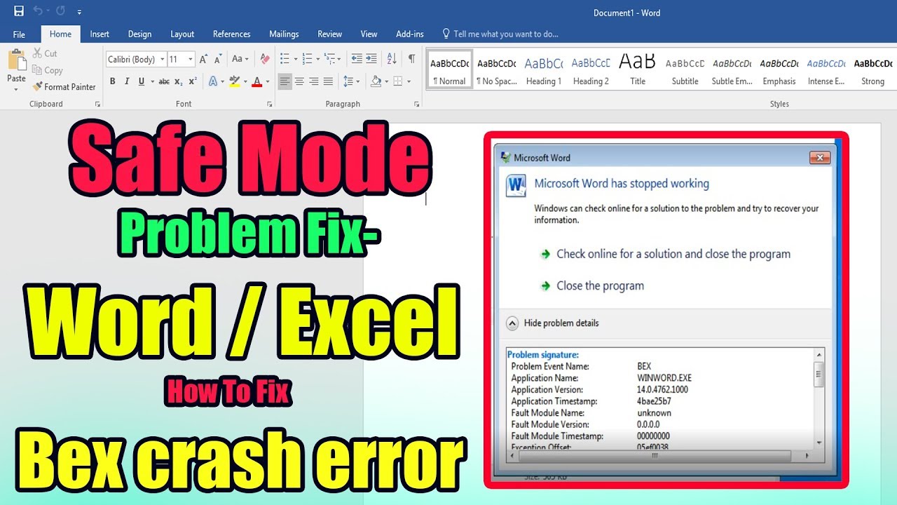 Safe Mode Problem Fix 100 Word Excel How To Fix Bex Crash Error Youtube