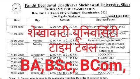 Shekhawati University, BA,BSc, BCom, examination time table, 2020, pdsu time table 2020