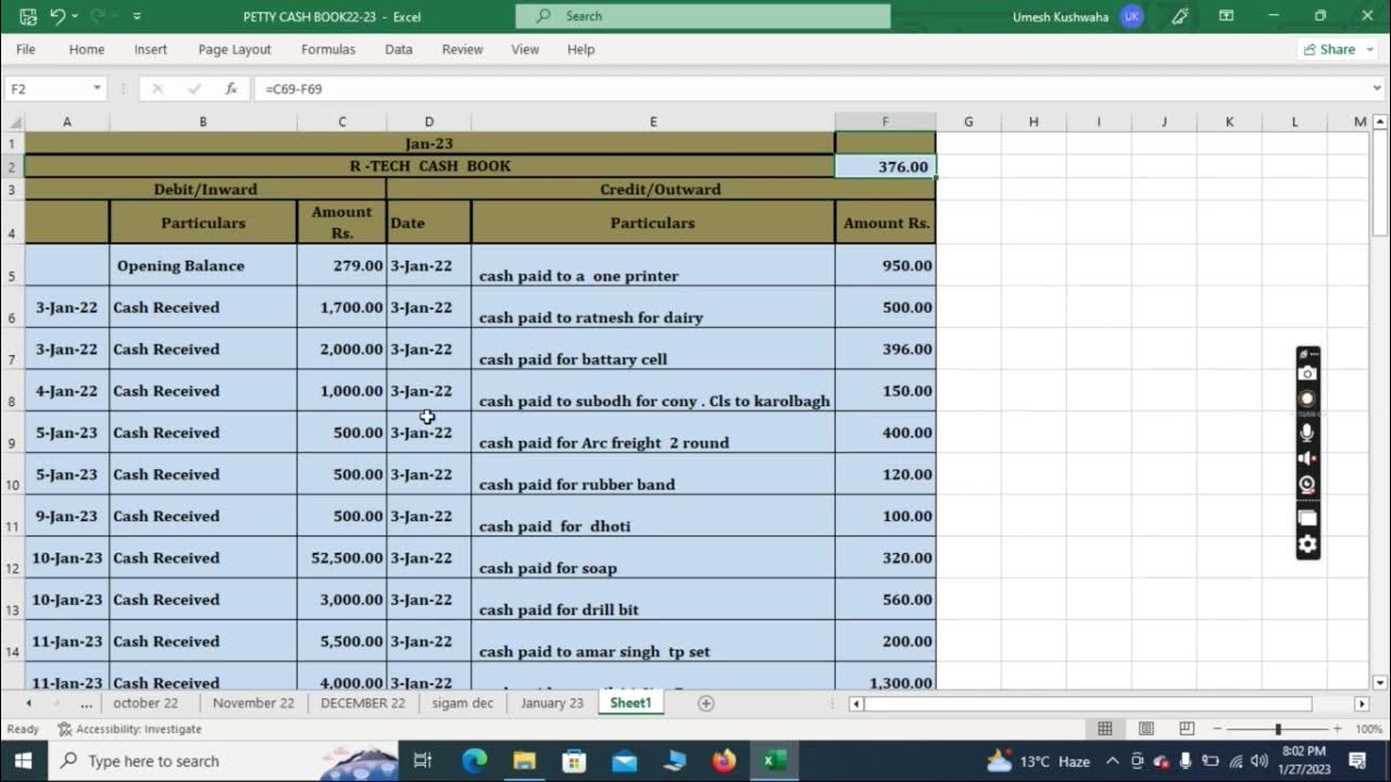 How TO Maintain Cash Book and Petty Cash Record in Excel Hindi l How to