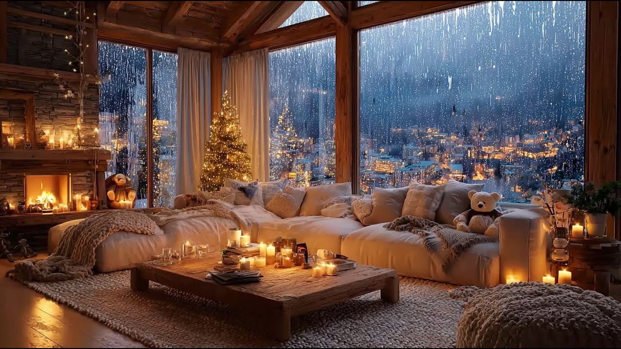 Cozy Winter Cabin Ambience with Soft Piano Music | Snowfall, Fireplace ...