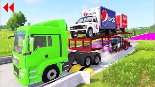 Double Flatbed Trailer Truck vs Speedbumps Train vs Cars Beamng.Drive #191 With Reverse