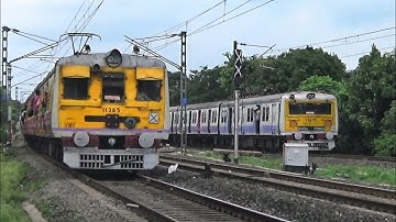 Super speedy non-stop galloping EMU train crossing with vintage model local train