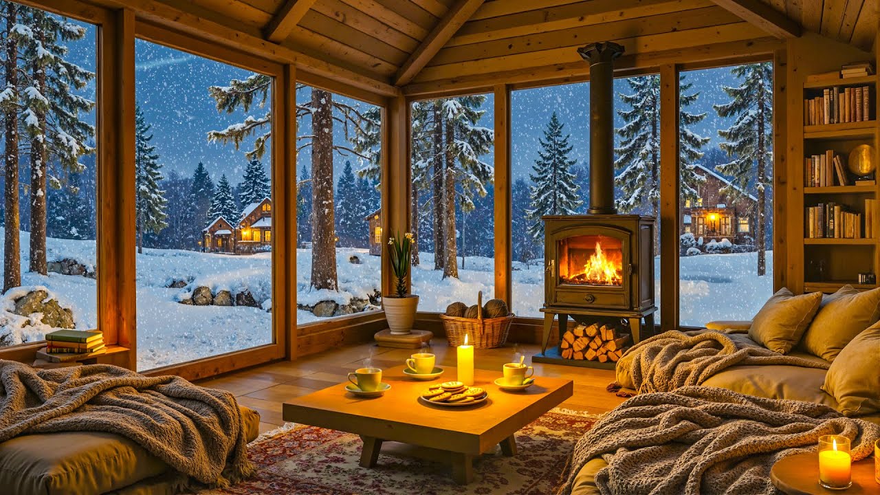 Peaceful Winter Jazz ❄️ Snowy Cabin Vibes with Warm Fireplace Sounds for Focus & Study