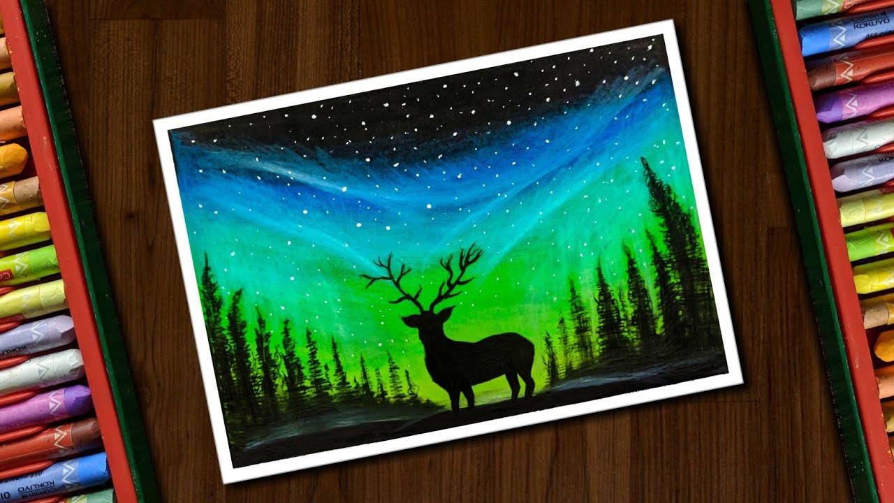 Aurora Night Drawing with Oil Pastels for beginners - step by step