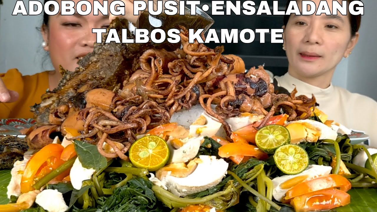 ADOBONG PUSIT AT ENSALADANG TALBOS KAMOTR HEALTHY FOOD MUKBANG PHILIPPINES