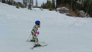 10 and 7 year olds skiing through town centre, Trysil, Norway.