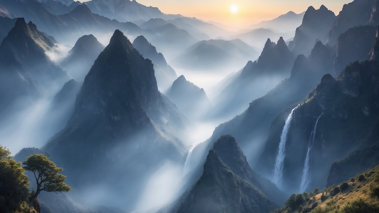 Relaxing Piano Music ,Calmness , Sleeping | Serenity in Nature: Beautiful Misty Mountain Waterfall