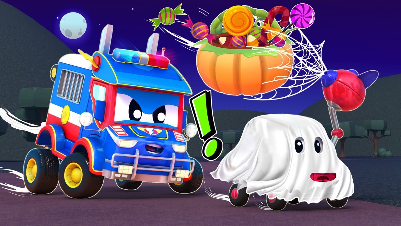 Truk super HALLOWEEN: Hantu Spider-Man mencuri permen Kota Mobil - Kartun truk untuk anak-anak