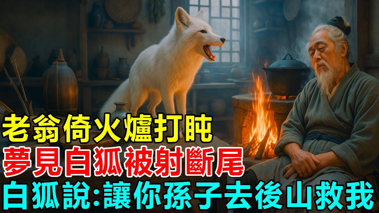 民間故事：老翁倚火爐打盹，夢見白狐被射斷尾，白狐說：讓你孫子去後山救我