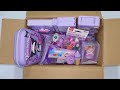Unboxing beautiful purple stationery items, eraser, pencil sharpener, notebook, pencilbox, watch etc