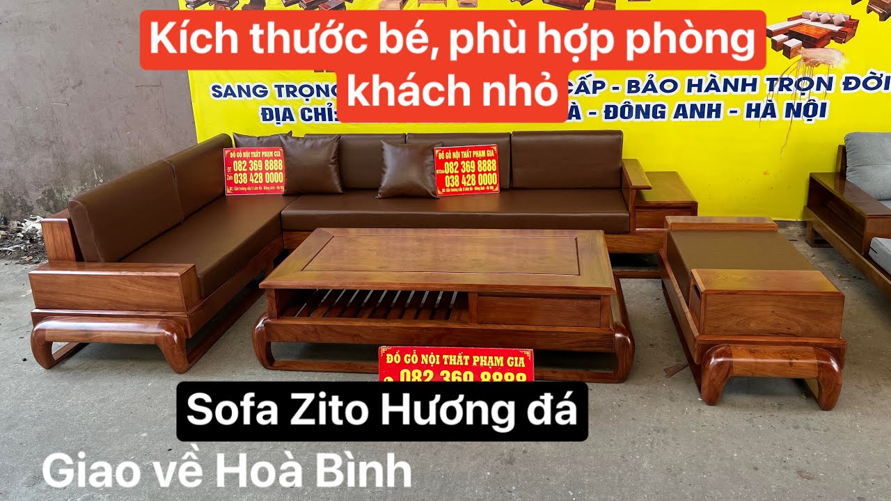 Sofa góc Zito gỗ Hương Đá loại nhỏ phù hợp phòng khách bé giao hàng về Hoà Bình, kt 3m20x1m80