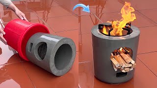 Amazing DIY - How to make a simple outdoor mini wood stove with cement and plastic bucket