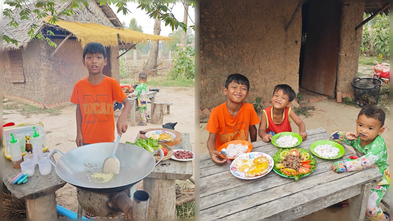 Taste of rural life Little chef Cook food for diner with brother - YouTube