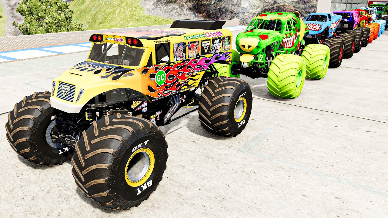 Monster Trucks Huge Wheels Insane Jups and Cannon Fire - The Ultimate Monster Truck Ramp Challenge