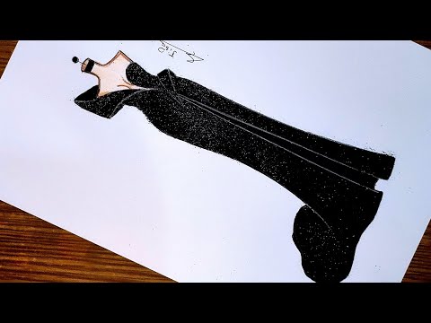 تعلم رسم فستان سهرة باللون الاسود 🖤✨ سهل جدا بالخطوات| رسم فساتين | تعليم رسم الأزياء للمبتدئين