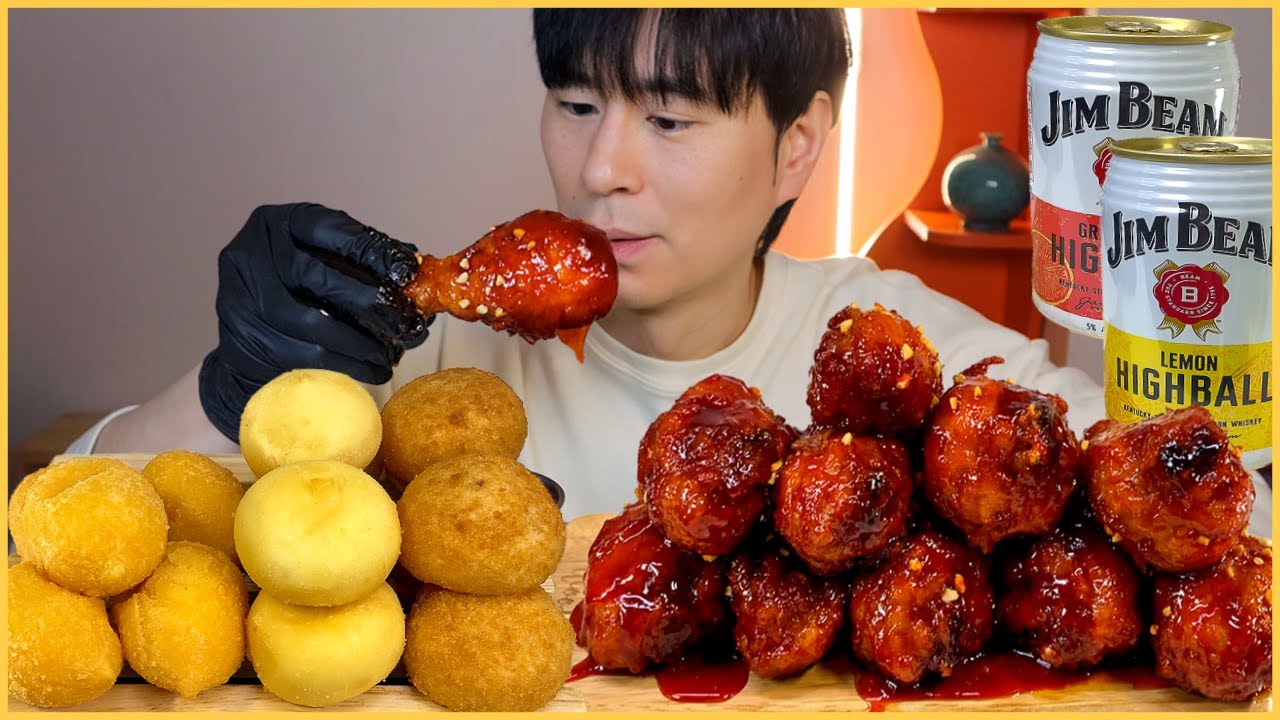 Курица, приправленная золотистыми оливками, с соусом барбекю и сырными шариками Mukbang ASMR