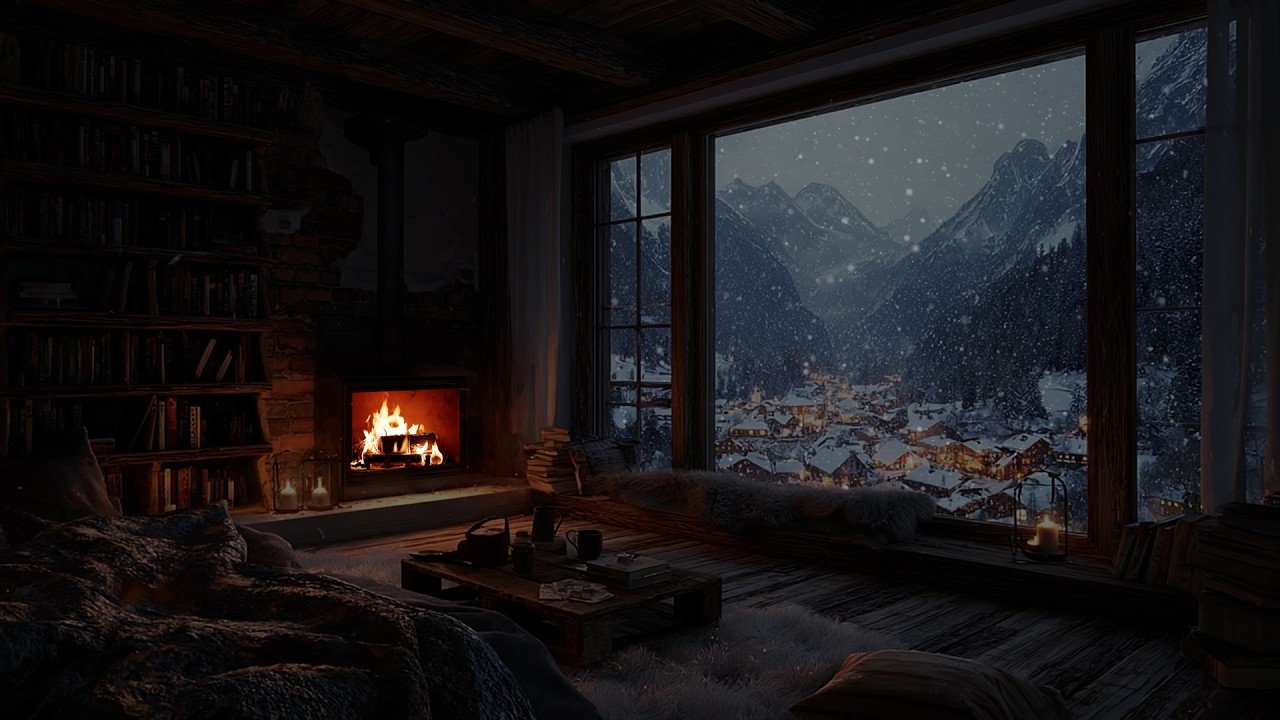 Soft Winter Snow Drifting beside Firelight Glow ❄️ A Quiet Focus Atmosphere