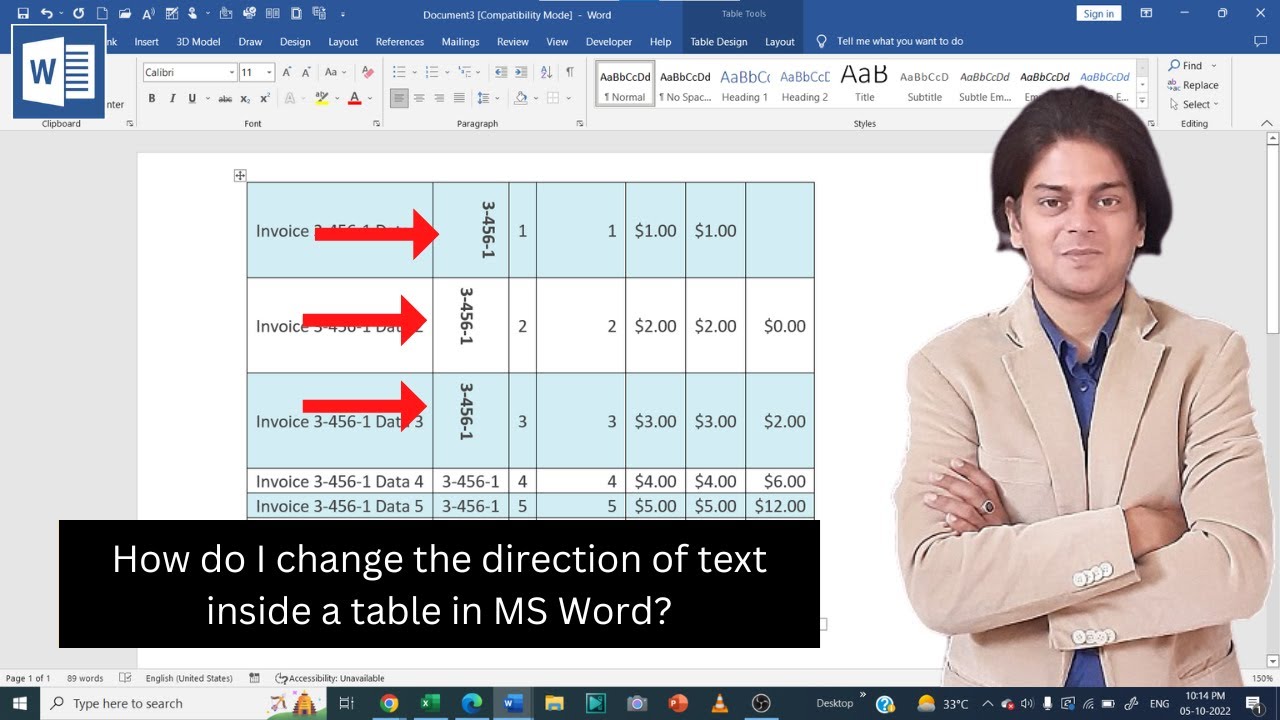 How do I change the direction of text inside a table in MS Word? YouTube