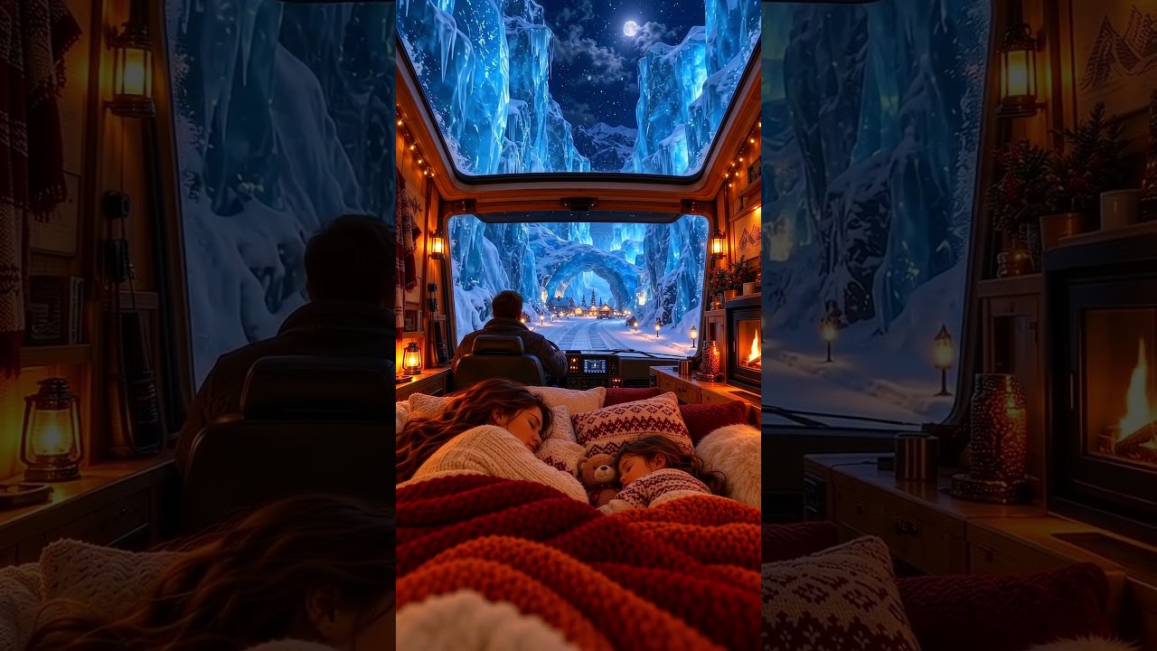Cozy Snowcat Ride ❄️ Ice Canyon & Winter Fireplace Ambience