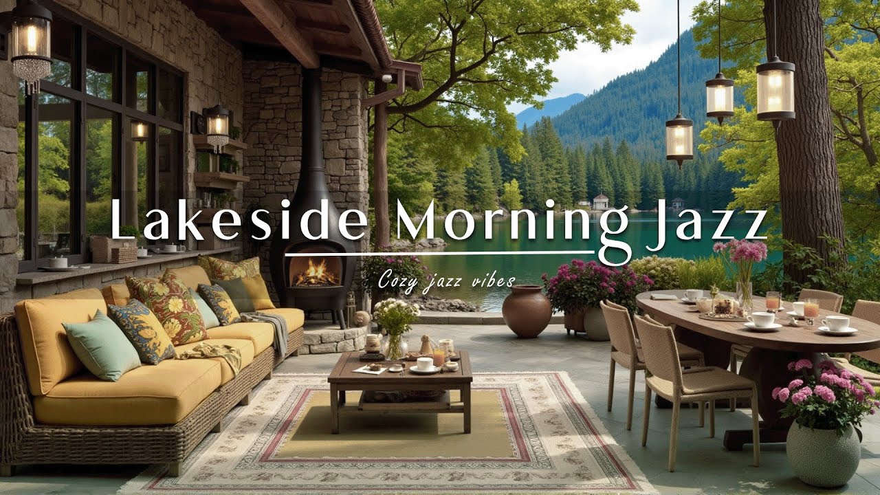 Lakeside Morning Jazz ☕ Relaxing Jazz Instrumental with Cozy Ambience, Fireplace & Nature View