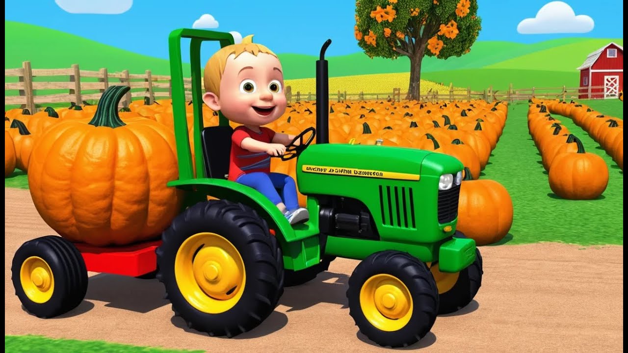 Детский трактор толкает гигантскую тыкву
