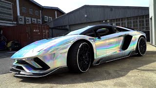 Dazzling Chrome Holographic Lamborghini Aventador Wrap for Grand Tour