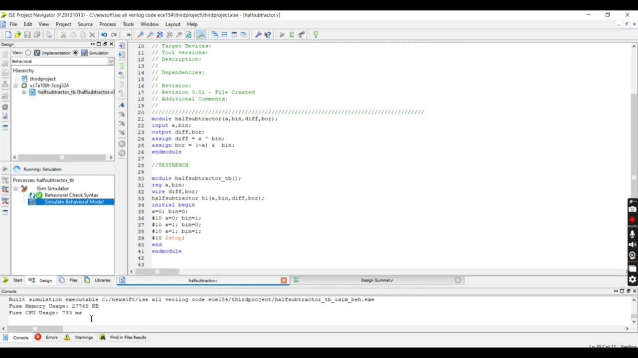 Half subtractor verilog code in data flow modelling xilinx 14 7 youtube