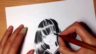 No.40 描いてみた -モノクロ 着物 黒髪の女の子 スクリーントーン 1-