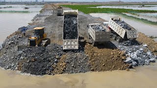 Best Activities Build Road on Water by Operator Bulldozer Push Stone with Dump Truck Moving Stone