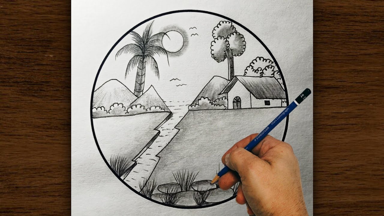 How to draw a scenery || Easy circle scenery drawing for beginners ...