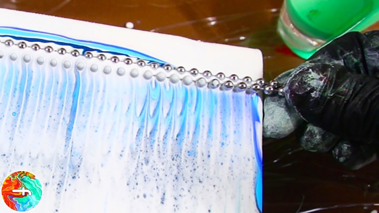 Acrylic pouring swipe with chain - chain pull paint green & blue colors ...