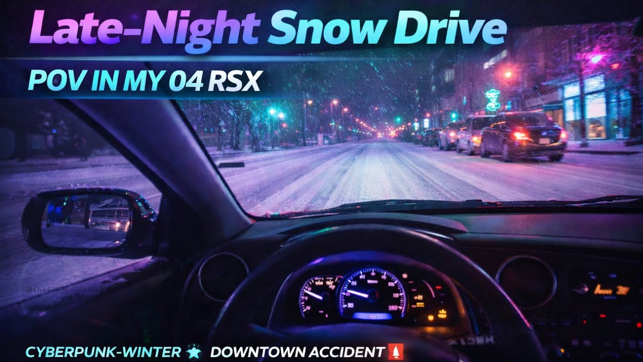 Ночная поездка на Acura RSX DC5 по снегу — киберпанк музыка, вид от первого лица, моменты из цент...