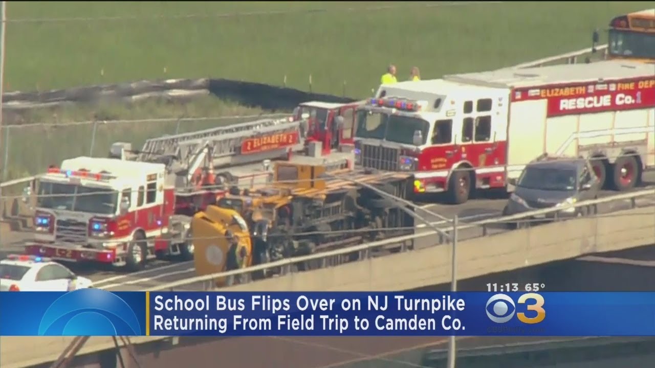 School Bus Flips Over On NJ Turnpike - YouTube
