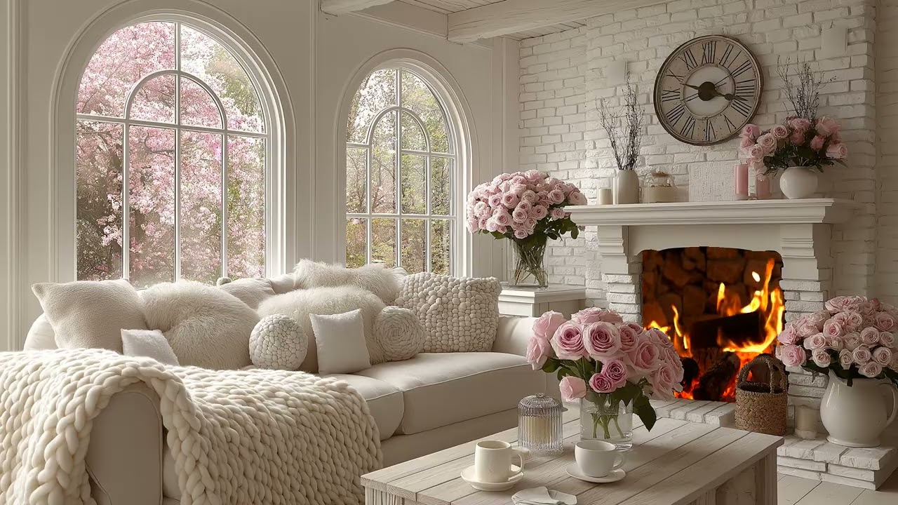 ✨🎹 Elegant Spring Piano Lounge | Candles, Flowers & Warm Fire (3 Hours) | Study Work Relax Healing