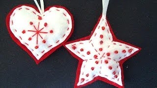 Beaded felt star and heart, Felt Christmas Ornaments, how to diy, sewing for beginners