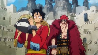 Luffy and Captain kid fighting together to beat Vice Warden of wano prison