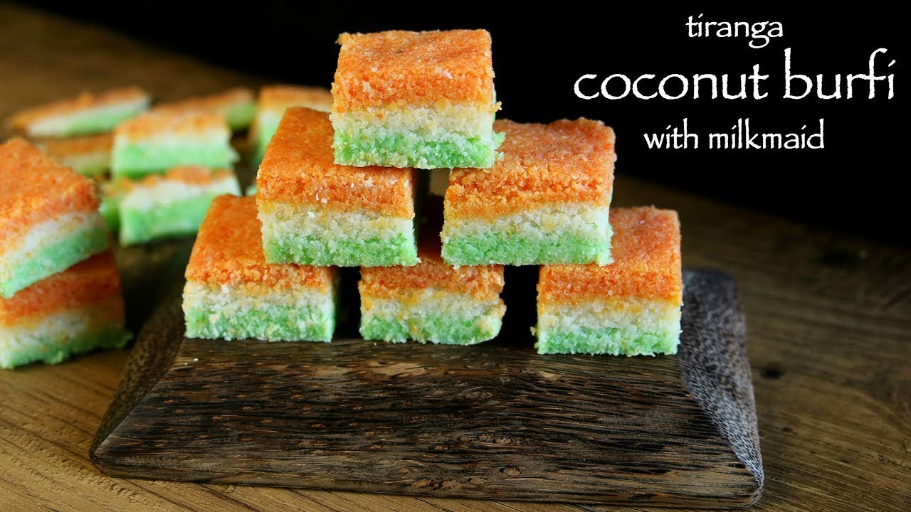 coconut barfi recipe with milkmaid | tri colour coconut burfi or nariyal barfi | Hebbar | Hebbars Kitchen