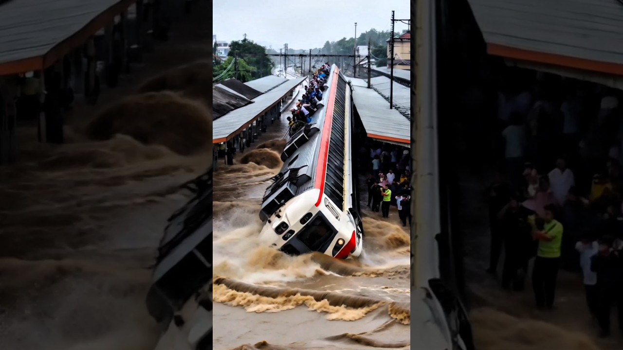 Torrential Flood Turns Train Station Into a River