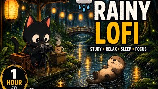 1 Hour Rainy Lofi 🌧️ Black Cat at Lantern Forest Creek | Study, Relax & Sleep