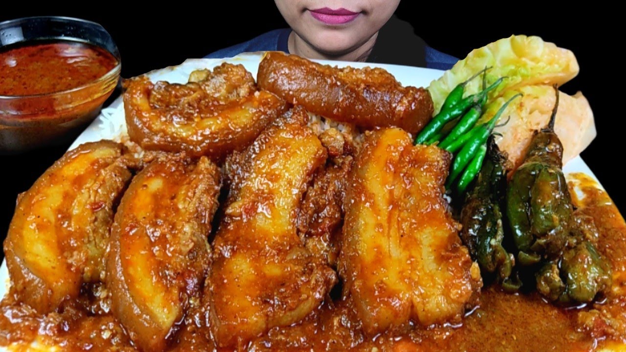 ASMR EATING 1KG🔥PORK BELLY CURRY, MASALA BAIGAN, BOILED CABBAGE, RICE & SPICY GRAVY | PORK MUKBANG